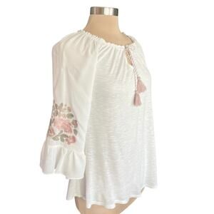 Vintage American Blues Knit Boho Top Sz S Floral Embroidery Bell Sleeve Romantic
